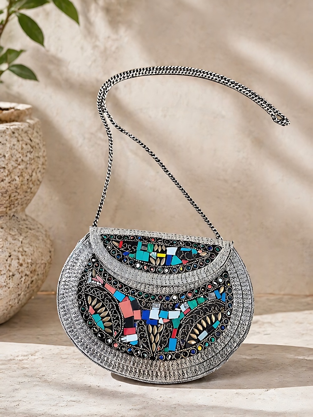 New Ramla Handmade Multi Colored Multi Mosaic Hammered Crossbody Bag
